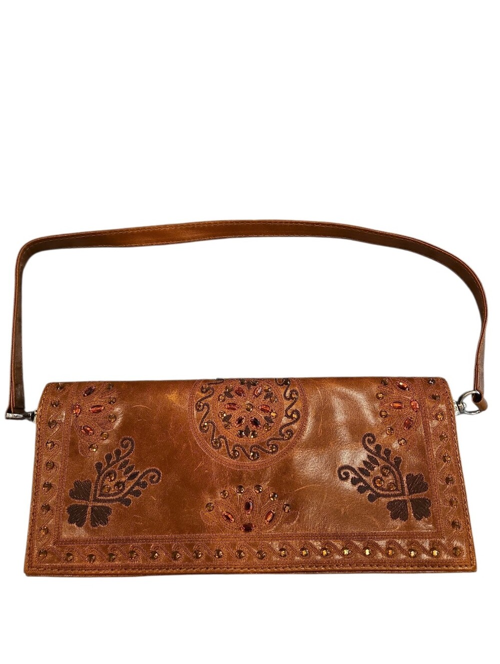 WILSON'S LEATHER VTG Y2K LEATHER COGNAC CLUTCH SHOULDER BAG. EMBROIDERY/ GEMS.